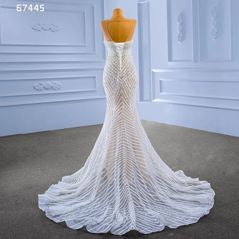 Rsm67445 2022 Bridal Wedding Dress Latest Design Luxury Sleeveless Lace Beaded Slim Fit Ladies Wedding Dress