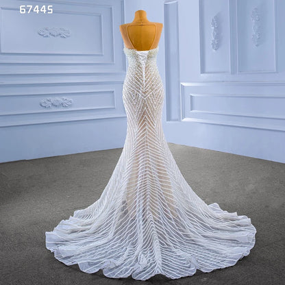 Rsm67445 2022 Bridal Wedding Dress Latest Design Luxury Sleeveless Lace Beaded Slim Fit Ladies Wedding Dress