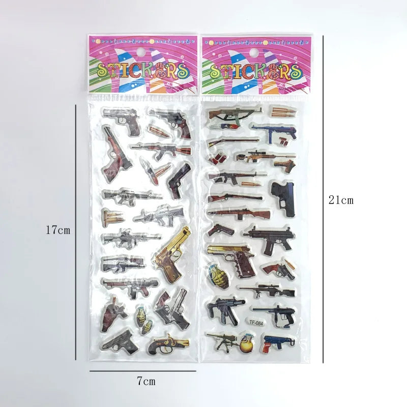 12Sheets/Set Military Fans Weapon Gun Pistol Stickers for Kids Boys PVC Bubble Scrapbook DIY Toys