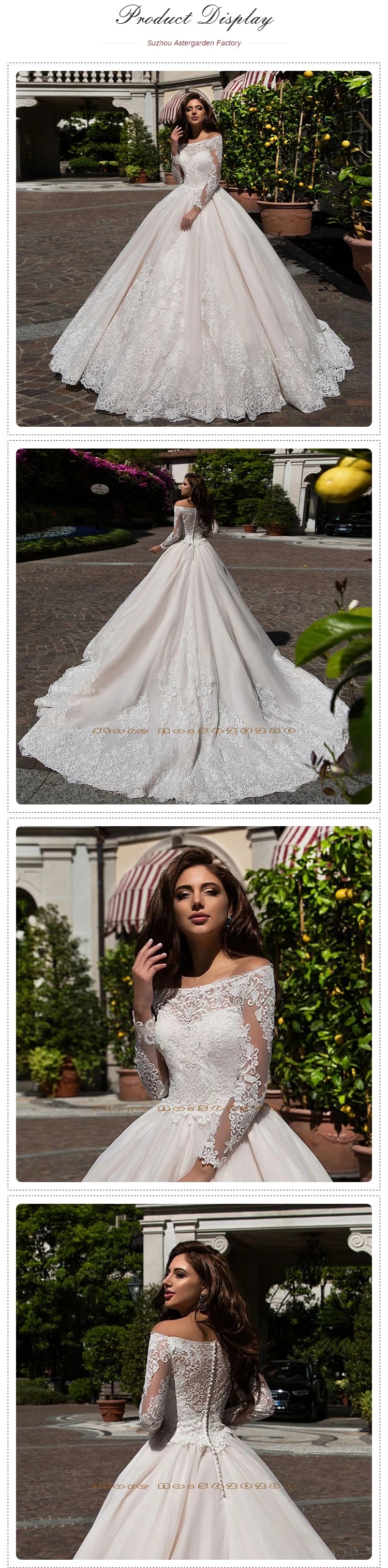 Custom Made Princess Ball Gown Wedding Dress Long Sleeve Vestido De Novia Princesa Boat Neck Buttons up Appliques Wedding Gowns