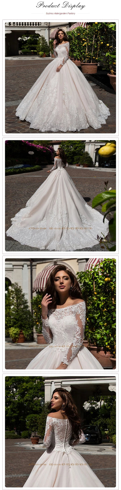 Custom Made Princess Ball Gown Wedding Dress Long Sleeve Vestido De Novia Princesa Boat Neck Buttons up Appliques Wedding Gowns