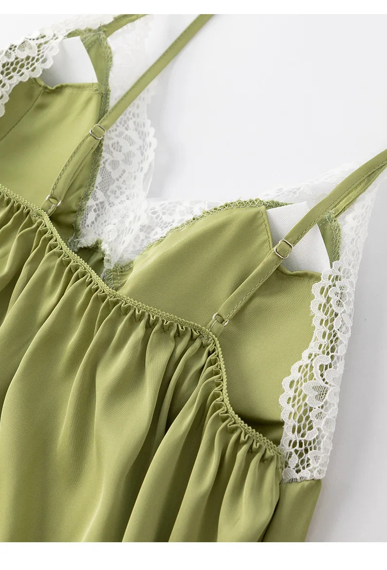 New Arrival Notched Collar Santin Women'S Sleepwear Seamless Red Sexy Lace Nightdress Sexy Pyjama