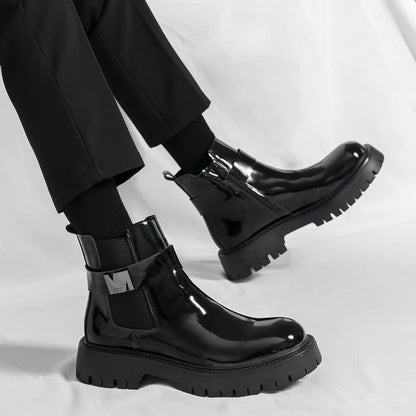New Patent Leather Platform Men's Ankle Boots Plus Size Round Toe Men chelsea Boots Leather Boots Men