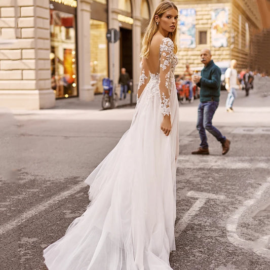 13149#Princess Simple Wedding Dresses A-Line Long Sleeves Backless Sweep Train Lace Applique Split Wedding Bridal Gown