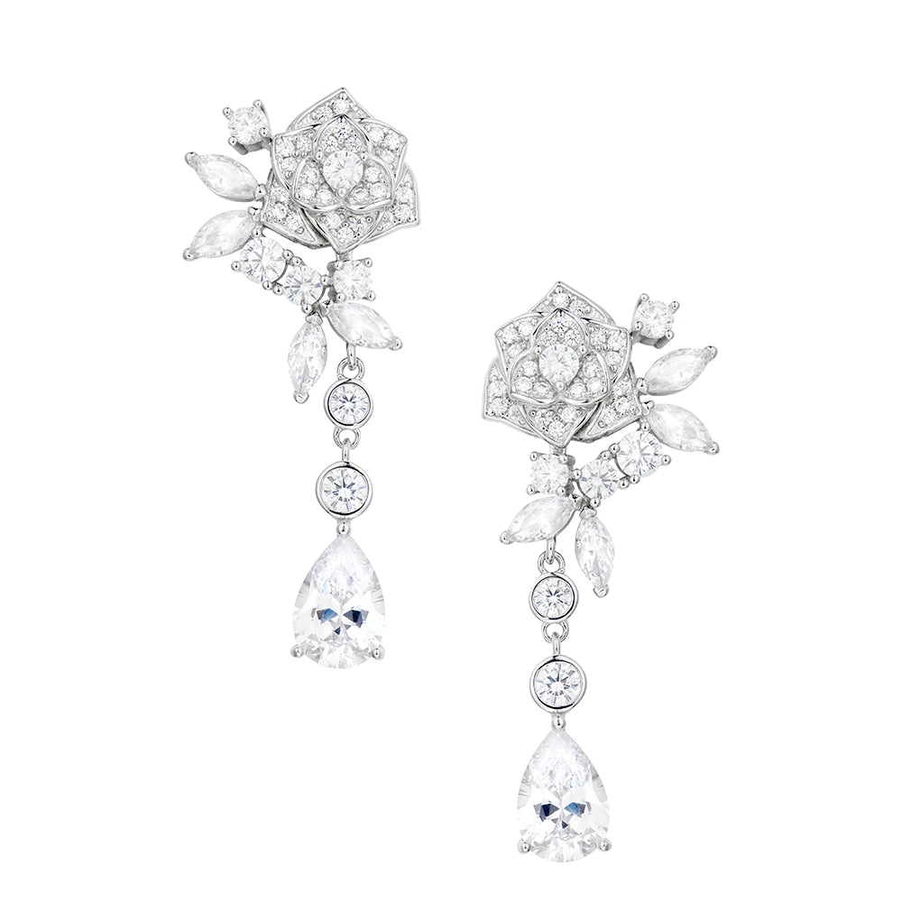 Manufacturer Spot Wholesale and Retail Elegant Female Jewelry Classic Fashion Rose Drop Zircon Long Earrings