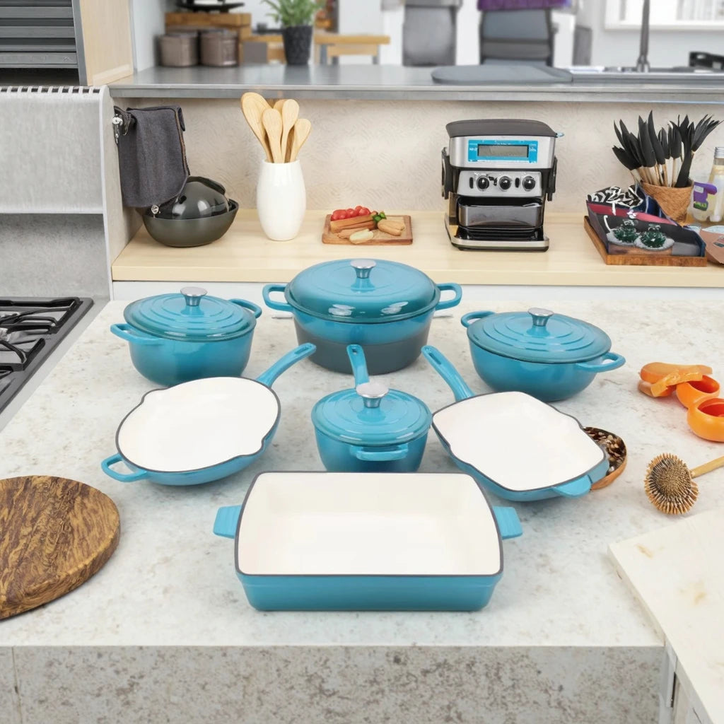 Customized 7-Piece Cast Iron Cookware Set Red Enamel Coated Kitchen Casserole Pot Durable Minimalist Metal Design Low MOQ