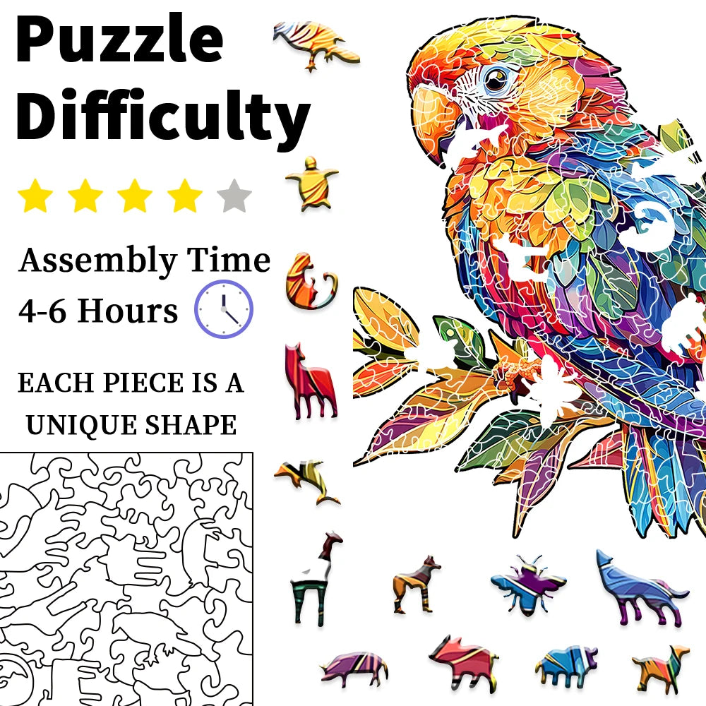 Laser Cutting Colourful Parrot Theme Wooden Jigsaw Puzzle Irregularly Shaped Puzzle Piece Animal 3D Jigsaw Puzzle