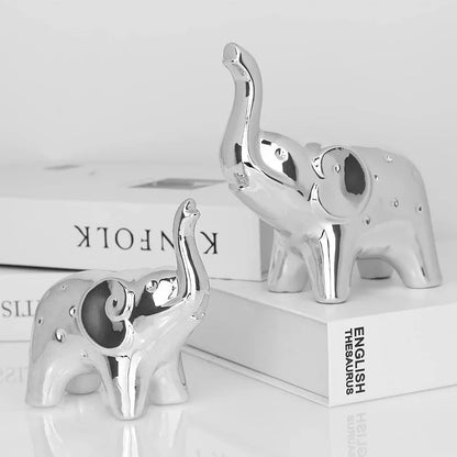 Ceramic Crafts Modern Style Figurines for Home Decor a Pair of Plated Silver Elephant Statue