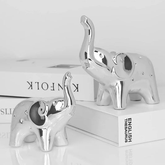 Ceramic Crafts Modern Style Figurines for Home Decor a Pair of Plated Silver Elephant Statue
