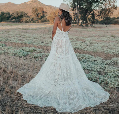 11866#Garden Sleeveless V Neck Boho Wedding Dress With Open Back Beach A-Line Lace Wedding Dress Wedding Bridal Gown