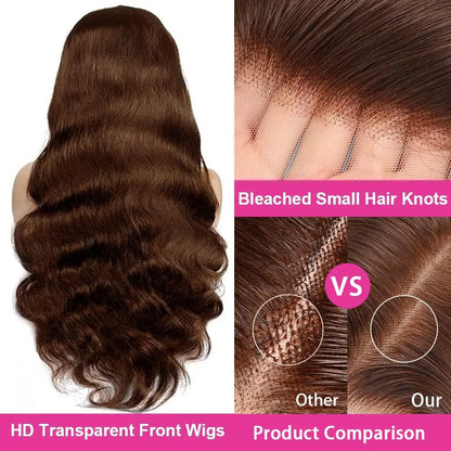 Raw Indian Hair Chocolate Brown Body Wave Colored HD Lace Front Human Hair Wig for Women Preplucked 13X6 Lace Frontal Wigs