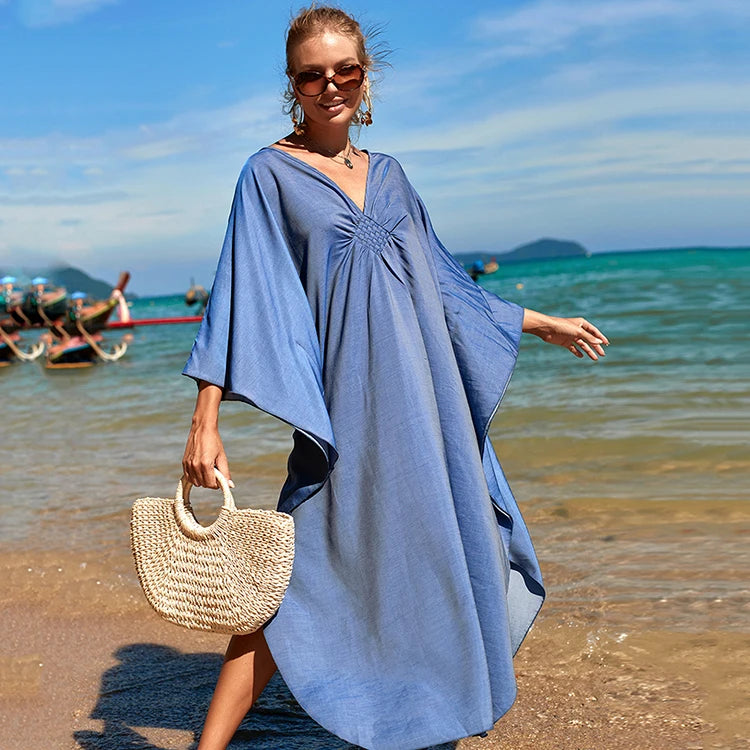 Trendy Design Knot Beach Maxi Dresses Solid V Neck Women Dress Clothing