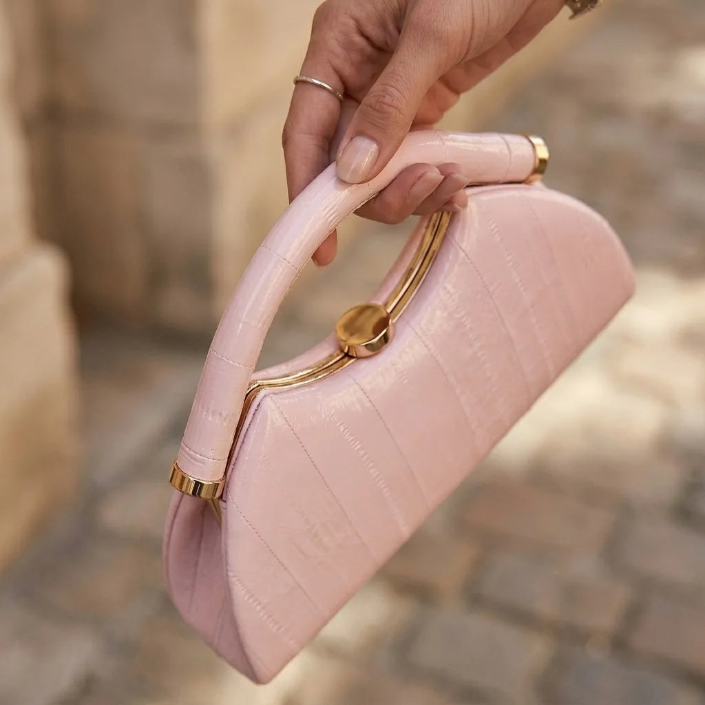 Black Glossy Croc Embossed Half Moon Top Handle Bag Women Curved U Shape Crocodile Hard Box Alligator Minimalist Gala Handbags