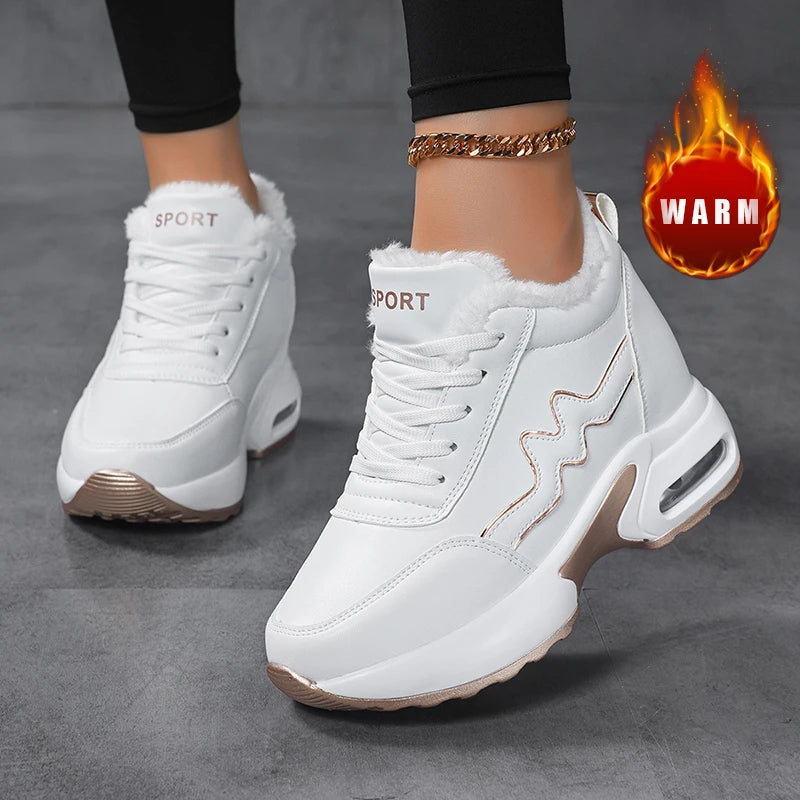 Women's Korean Style Winter Short Plush Casual Sneakers Outdoor Sports Tennis & Running Shoes with Artificial Leather Platform