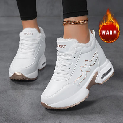 Women's Korean Style Winter Short Plush Casual Sneakers Outdoor Sports Tennis & Running Shoes with Artificial Leather Platform