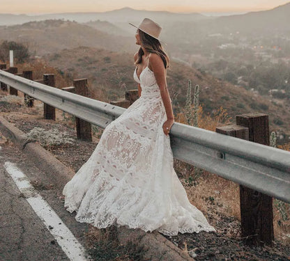 11866#Garden Sleeveless V Neck Boho Wedding Dress With Open Back Beach A-Line Lace Wedding Dress Wedding Bridal Gown