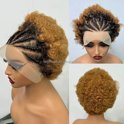 13x4 Lace Front Afro Short Curly Wig Human Hair Precolored Front Braided Afro Curly Human Hair Wig Brazilian Bouncy Curly Hair