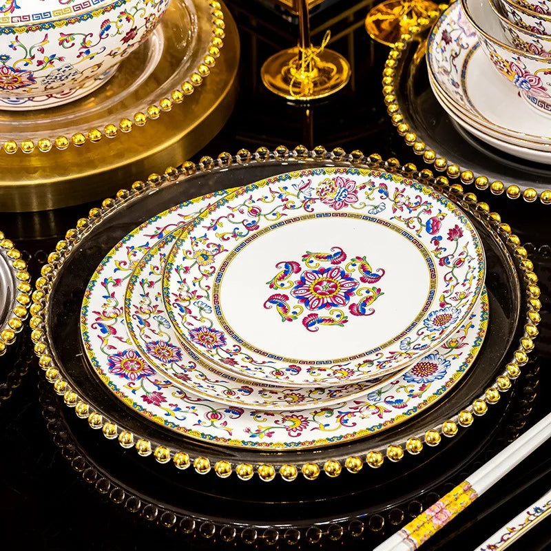 Luxury Enamel Flower Dinnerware Set Golden Rim White Porcelain Dinner Plates Soup Bowls Set Tableware for Wedding Gifts
