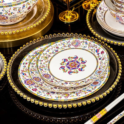 Luxury Enamel Flower Dinnerware Set Golden Rim White Porcelain Dinner Plates Soup Bowls Set Tableware for Wedding Gifts