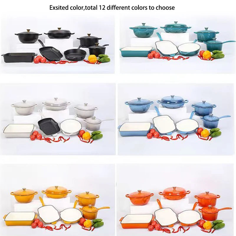 Customized 7-Piece Cast Iron Cookware Set Red Enamel Coated Kitchen Casserole Pot Durable Minimalist Metal Design Low MOQ