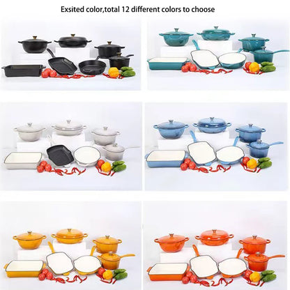 Customized 7-Piece Cast Iron Cookware Set Red Enamel Coated Kitchen Casserole Pot Durable Minimalist Metal Design Low MOQ