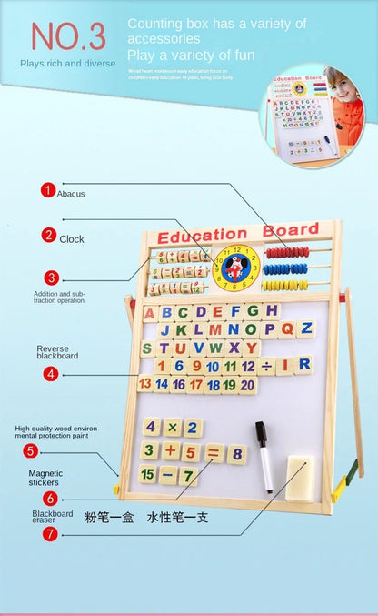 Korean Style Multifunctional Double-Sided Wooden Alphanumeric Sketchpad Early Education Puzzle Drawing Board Chalkboard for Kids
