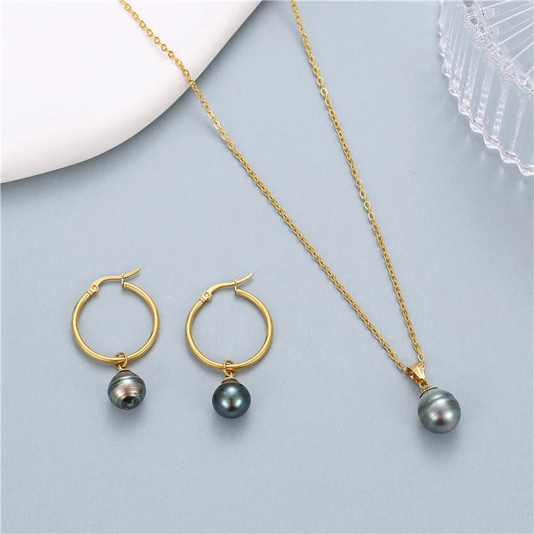 High Quality Cheap Pearl Dubai Gold Plated Stainless Steel Pendant Necklace Earrings Jewelry Set for Women