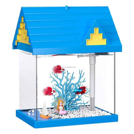 Mermaid Blue 2-Gallon Aquarium Fish Tank Kid's Gift with Filter Pump Glass Plastic Material for Living Room Kitchen Desktop