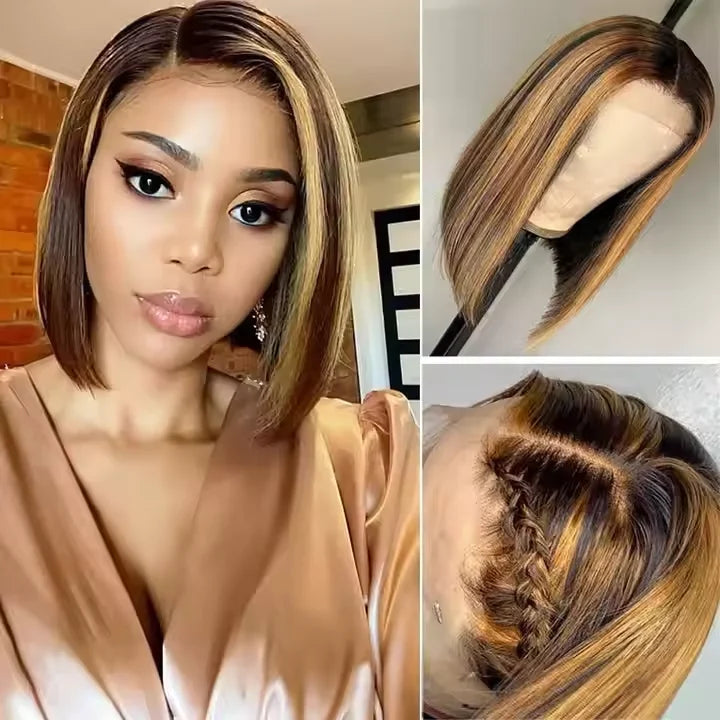Christmas Piano Color Straight Short Bob Wig Raw Brazilian Virgin Human Hair Wig 4x4 HD Lace Front Wig for Black Women