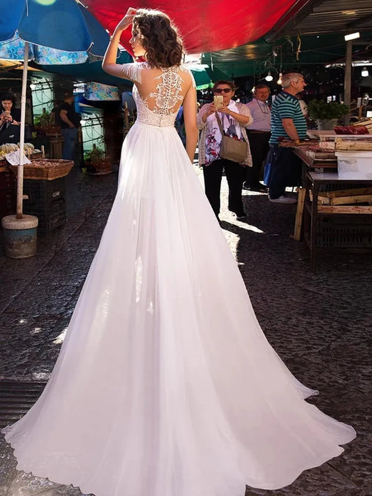 13132#  Boho Wedding Dresses Beach Beading Tassel V-Neck Appliques Lace Long Sleeves Front Split Ivory Wedding Bridal Gown