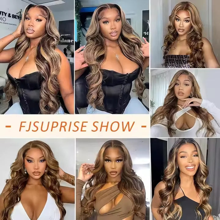 Highlight Human Hair Wigs Body Wave 4x4 HD Transparent Lace Front Wig Pre Plucked Ombre Brown Blonde Vietnamese Hair Wig
