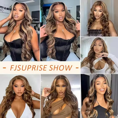Highlight Human Hair Wigs Body Wave 4x4 HD Transparent Lace Front Wig Pre Plucked Ombre Brown Blonde Vietnamese Hair Wig