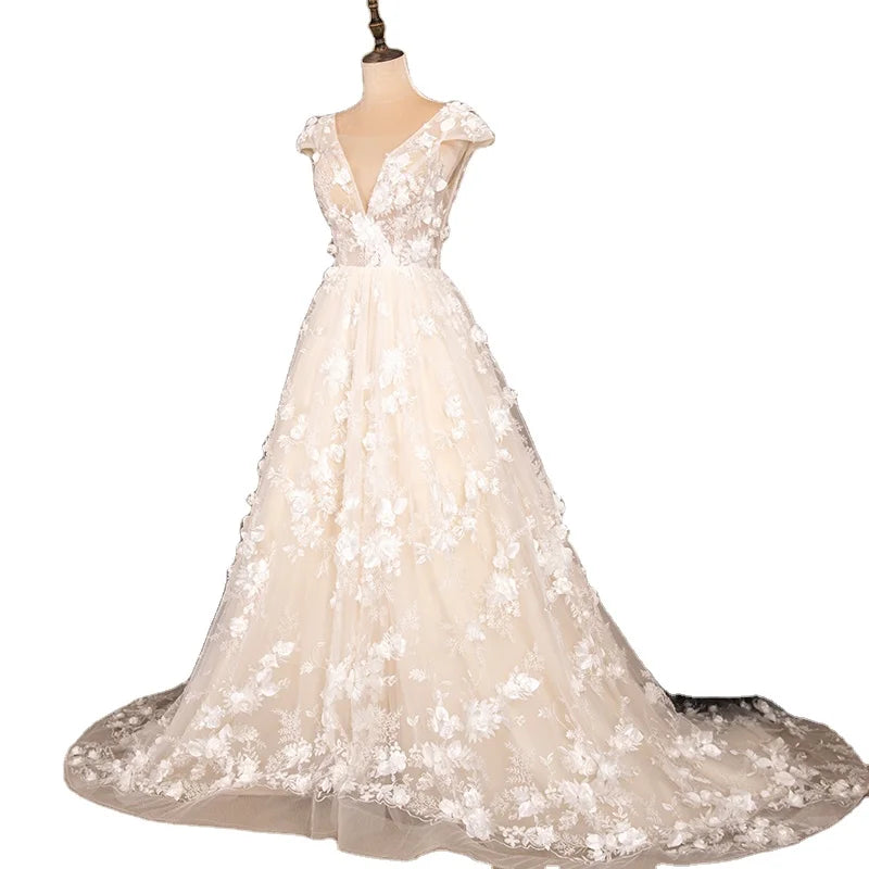 9261# Illusion Sheer Neck A-Line Wedding Dresses for Women Fashion 3D Lace Appliques Sleeveless Bridal Gowns