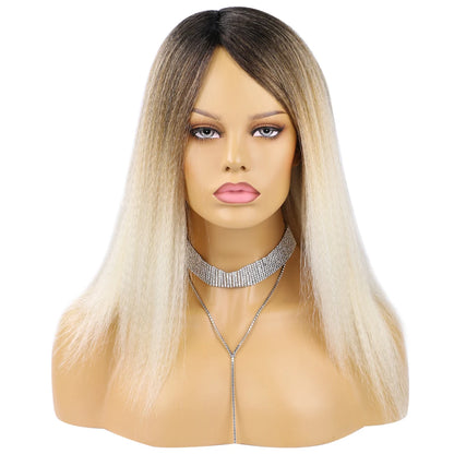 Wholesale 14 Inch Yaki Straight Afro Light Brown Lace Hair Wig Glueless Synthetic Middle Part Women  Machine-Made Long Wigs