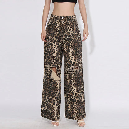 TWOTWINSTYLE Casual Vintage Fashion Leopard Denim High Waist Wide-Leg Pants Broken Holes Straight Loose Fit Breathable Design