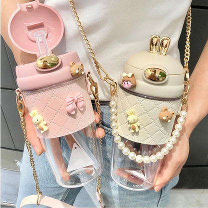 580ml Rabbit Ears Cute Plastic Water Bottle with Straw Pearls Metal Chain Strap Portable Kid Water Bottle