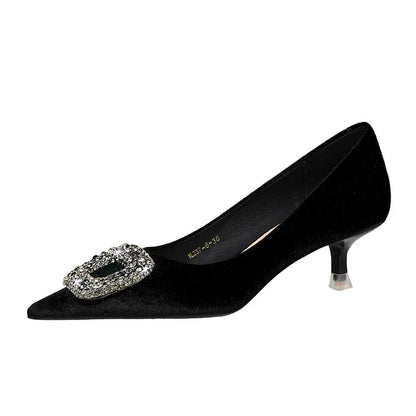 Retro Women's Shoes with Thin Heel Mid Heel Shallow Mouth Pointed Toe Metal Rhinestone Buckle Single Shoe