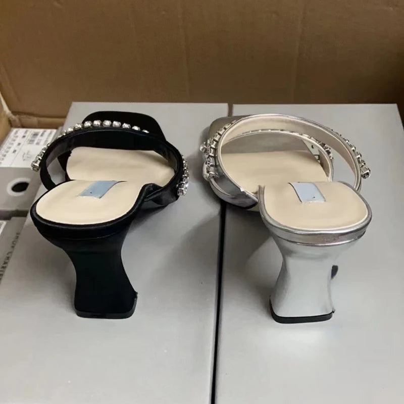 Rhinestone Sandales Talon Femme Slipper Female Shoes Trendy Summer Square Toe High Heels for Ladies