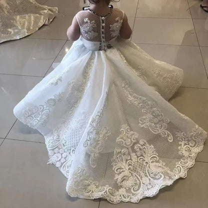 Morili Puffy Big Size Appliqued Lace Ball Gown Sheer Neck Appliques Party Birthday Kids Wedding Flower Girl Dresses MF502