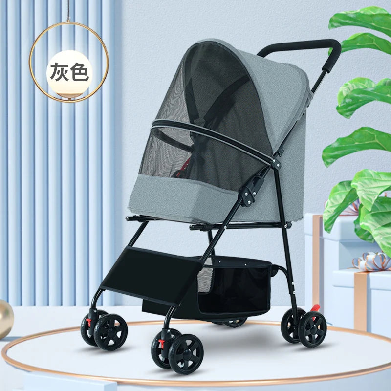 Medium-sized Luxury Pet Stroller for Small Dogs All-in-One with Detachable Storage Basket and Simple Style