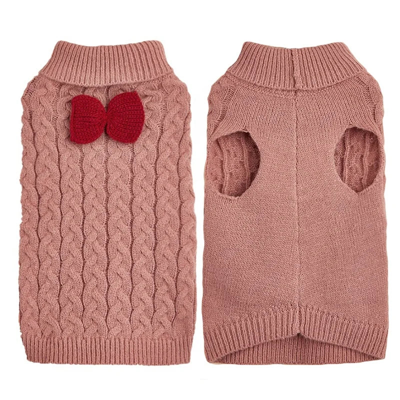 Classic Luxury Knitted Pet Dog Sweater Plain Pure Color with Cute Bow Knot 8 Animal Pattern Colors for Winter Season