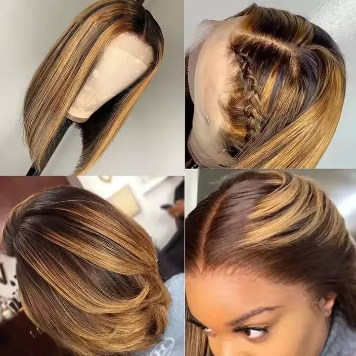 Christmas Piano Color Straight Short Bob Wig Raw Brazilian Virgin Human Hair Wig 4x4 HD Lace Front Wig for Black Women