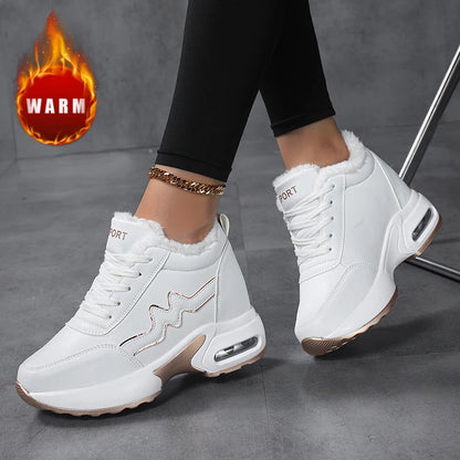 Women's Korean Style Winter Short Plush Casual Sneakers Outdoor Sports Tennis & Running Shoes with Artificial Leather Platform