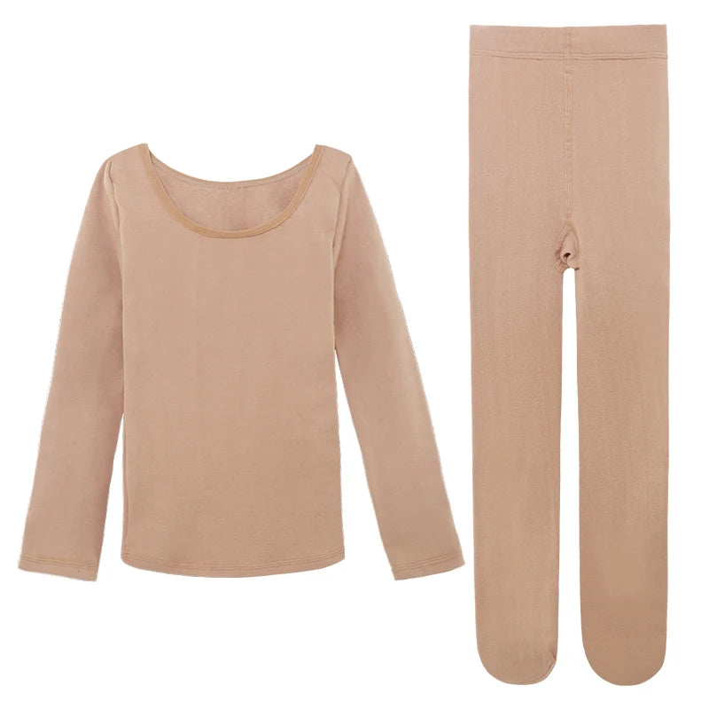 Girls Thermal Underwear Suits Nude Stretch Ballet Underwear Set Dance Tights Leotard for Winter