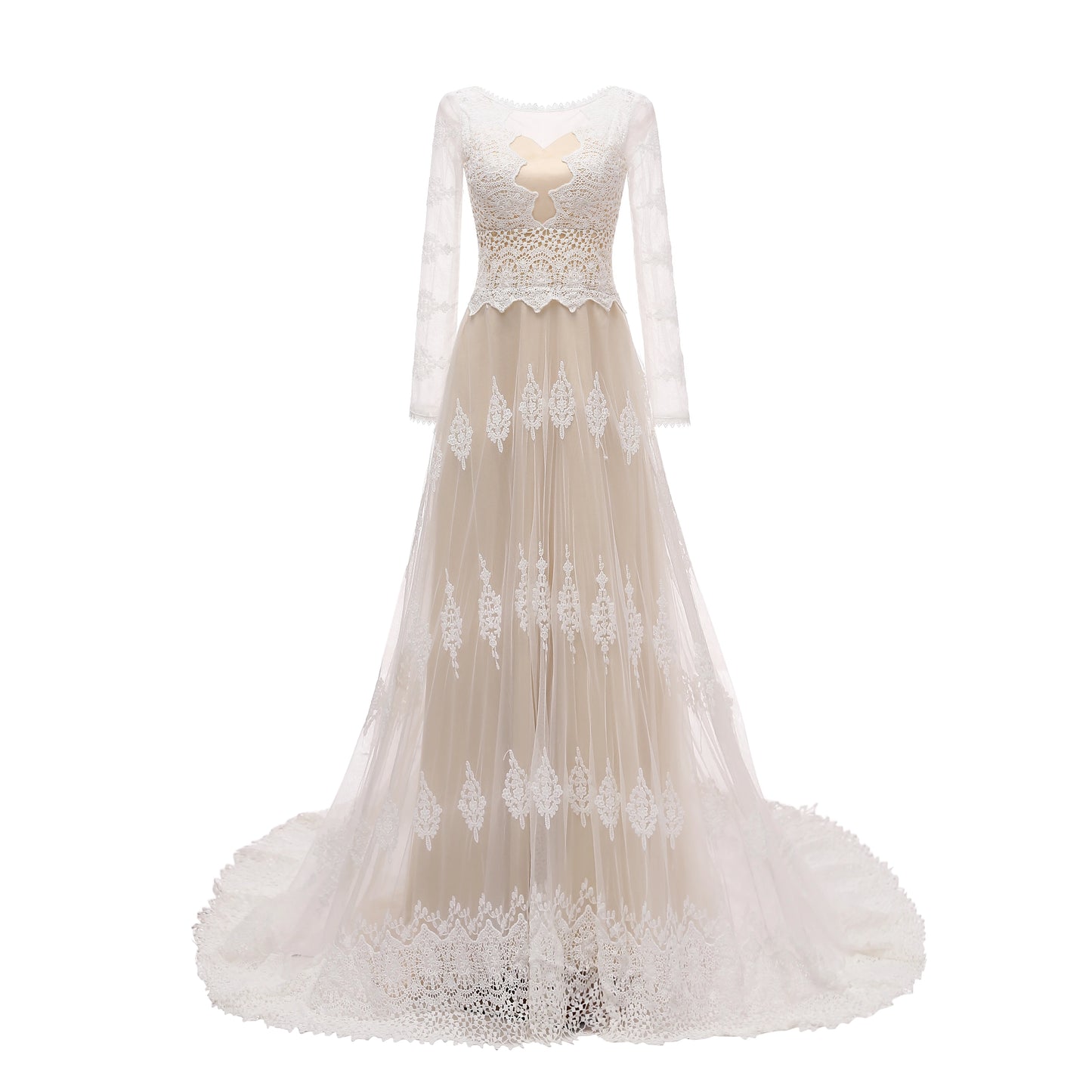 1301#  REAL PHOTO Scoop Neck Backless Beach Lace Sweep Train Boho Full Sleeve Bride Gown Wedding Dress Bridal Gown