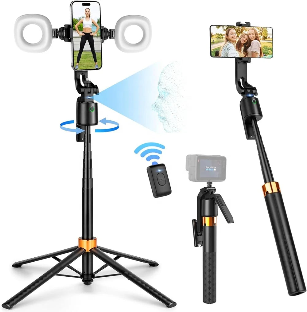180CM 360 Ai Face Tracking Gimbal 2PC Light Smart Rotate Auto Face Tracking Selfie Stick Stabilizer for Vlog Video Making