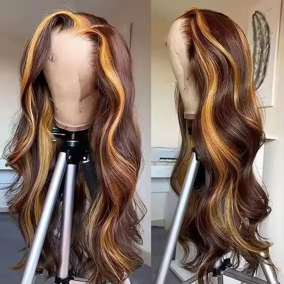 Highlight Human Hair Wigs Body Wave 4x4 HD Transparent Lace Front Wig Pre Plucked Ombre Brown Blonde Vietnamese Hair Wig