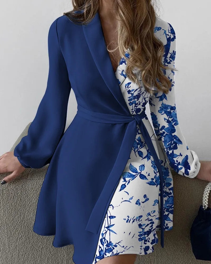 Spring Autumn Occident Design Women's Cross V-neck Causal Long Sleeve Dresses With Belt Floral Printing Elegant Dress