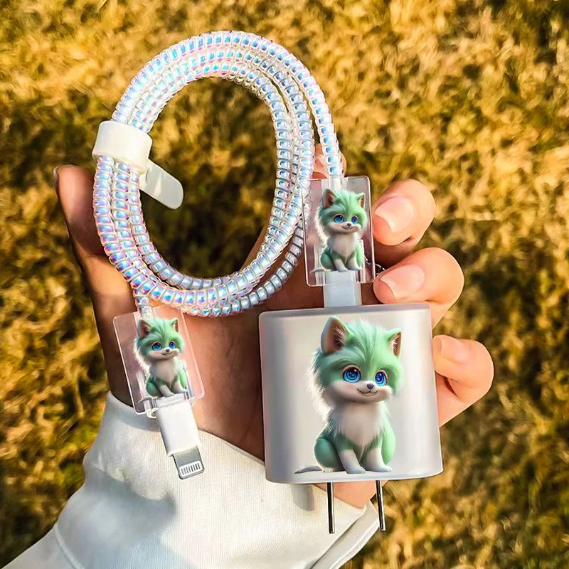 Cute Pet Dog Cat Soft TPU Protector Case for iPhone Phone Holder Stands Companion with Data Cable Charger