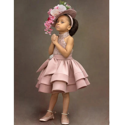2026 Blush Pink Flower Girls Dresses for Weddings Halter Appliqued Knee Length Tiered Birthday Children Girl Pageant Gowns MF442